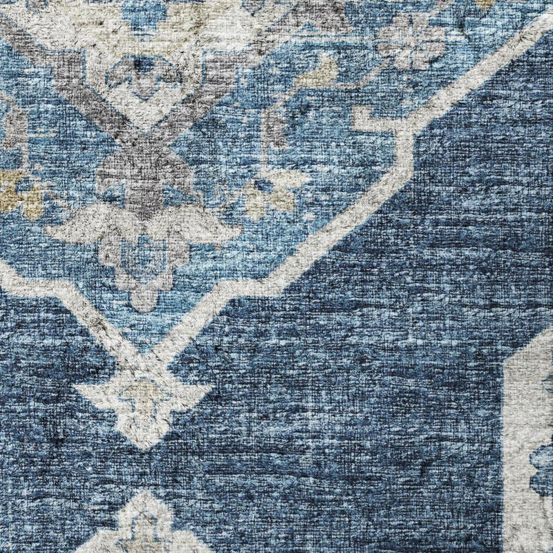 8' Blue And Charcoal Oriental Shag Washable Round Rug With UV Protection