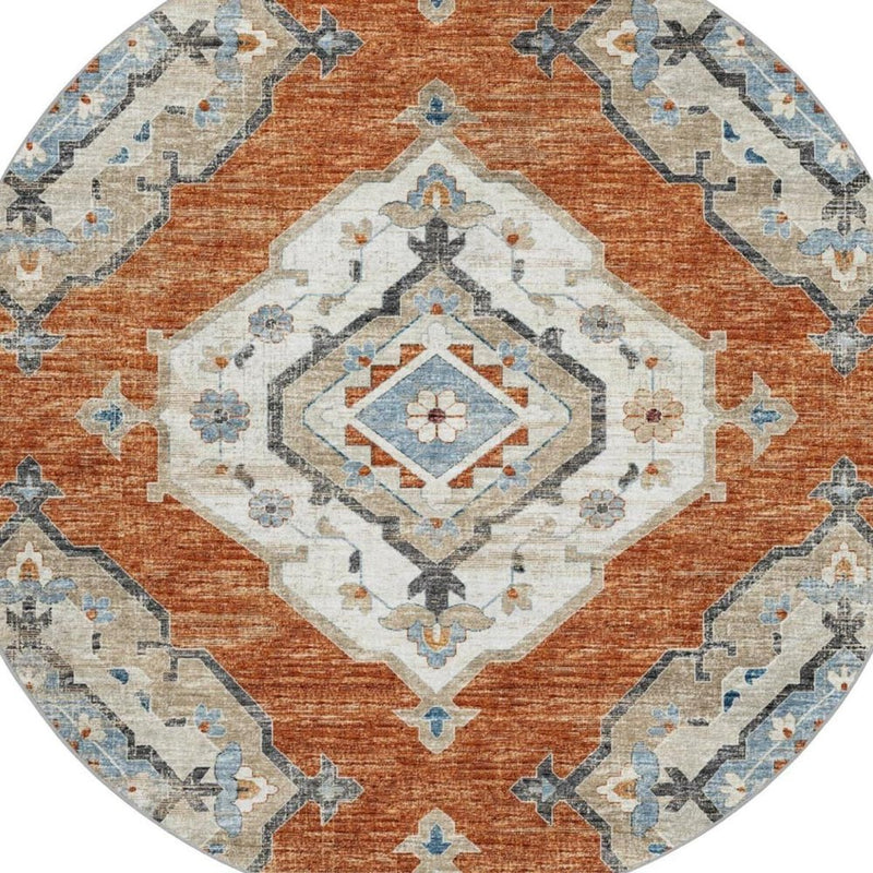 8' Orange And Ivory Oriental Shag Washable Round Rug With UV Protection