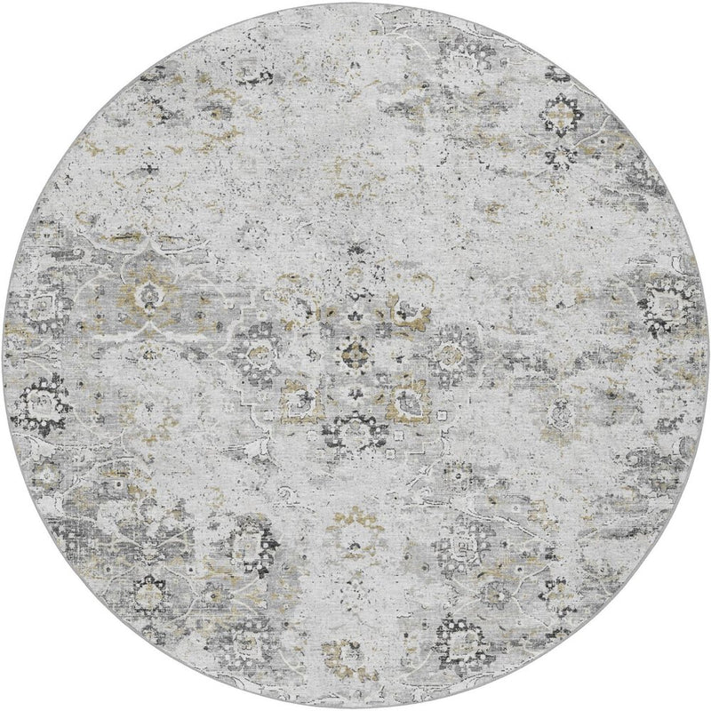 8' Gray And Charcoal Oriental Shag Washable Round Rug With UV Protection