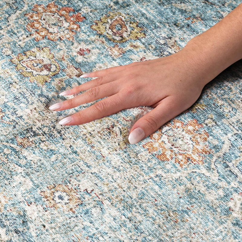 5' X 8' Blue And Teal Oriental Shag Washable Area Rug With UV Protection