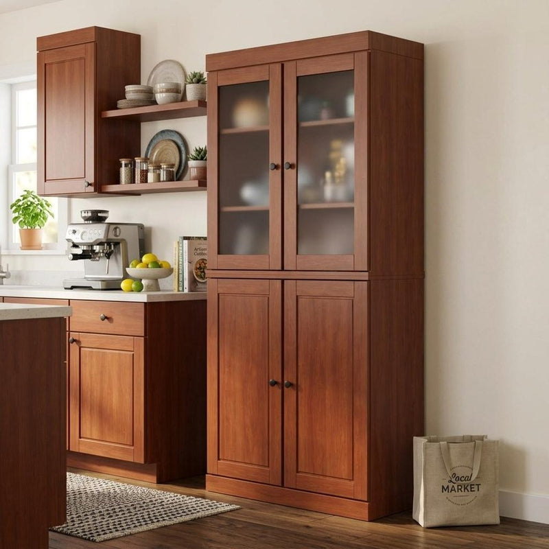 72" Coffee Solid Wood Four Door Two Drawer Pantry Or Storage Closet