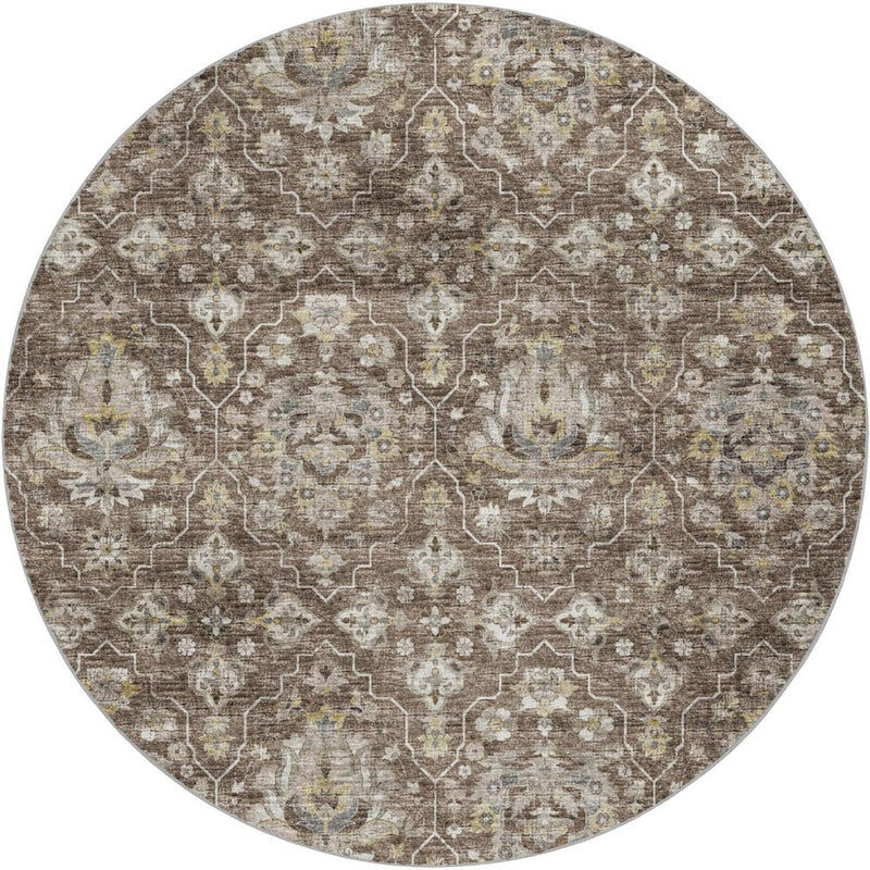 8' Brown And Charcoal Oriental Shag Washable Round Rug With UV Protection