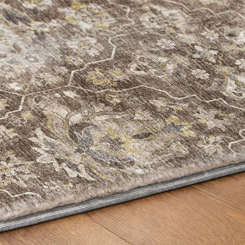 8' Brown And Charcoal Oriental Shag Washable Round Rug With UV Protection