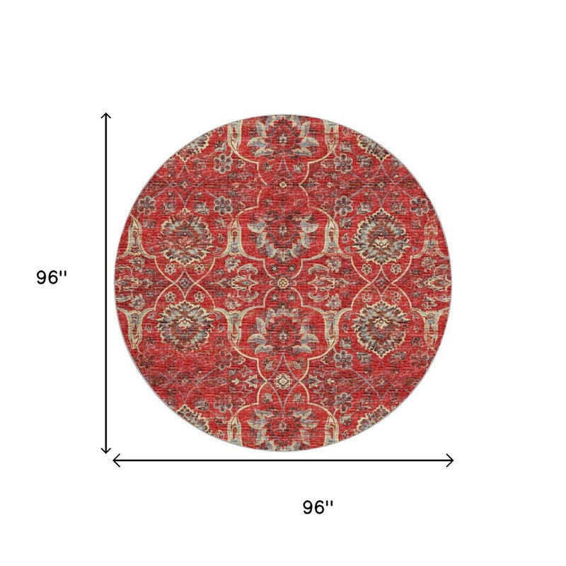 8' Red And Pewter Oriental Shag Washable Round Rug With UV Protection