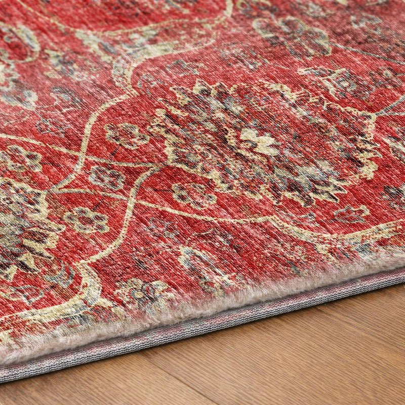 8' Red And Pewter Oriental Shag Washable Round Rug With UV Protection