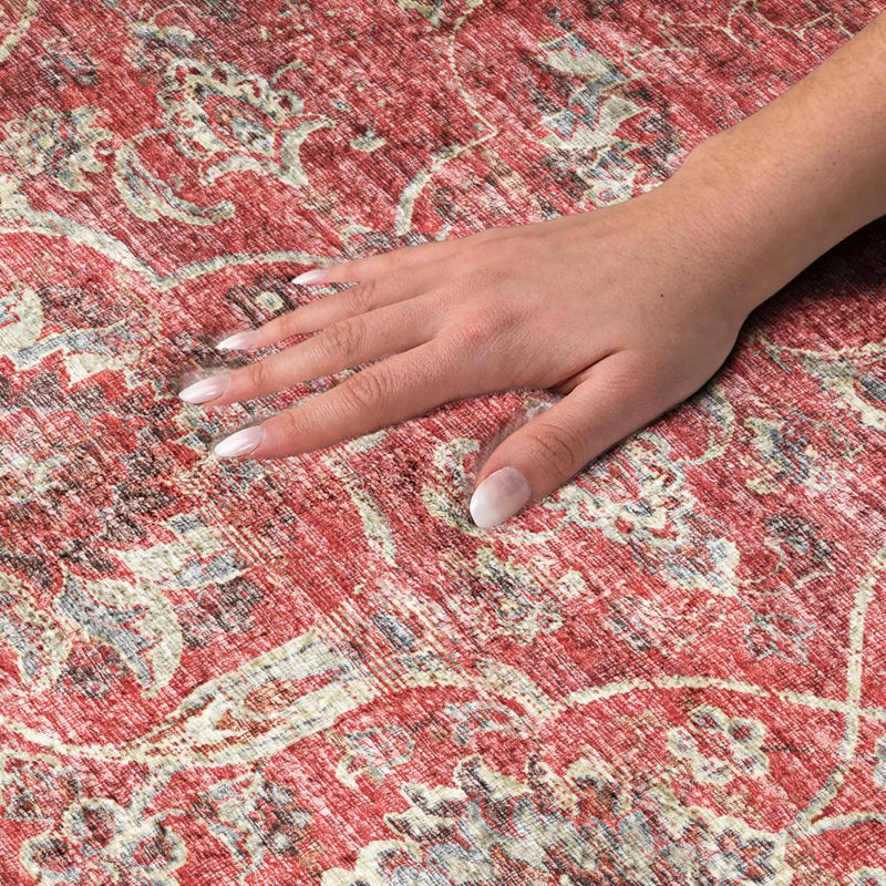 8' Red And Pewter Oriental Shag Washable Round Rug With UV Protection