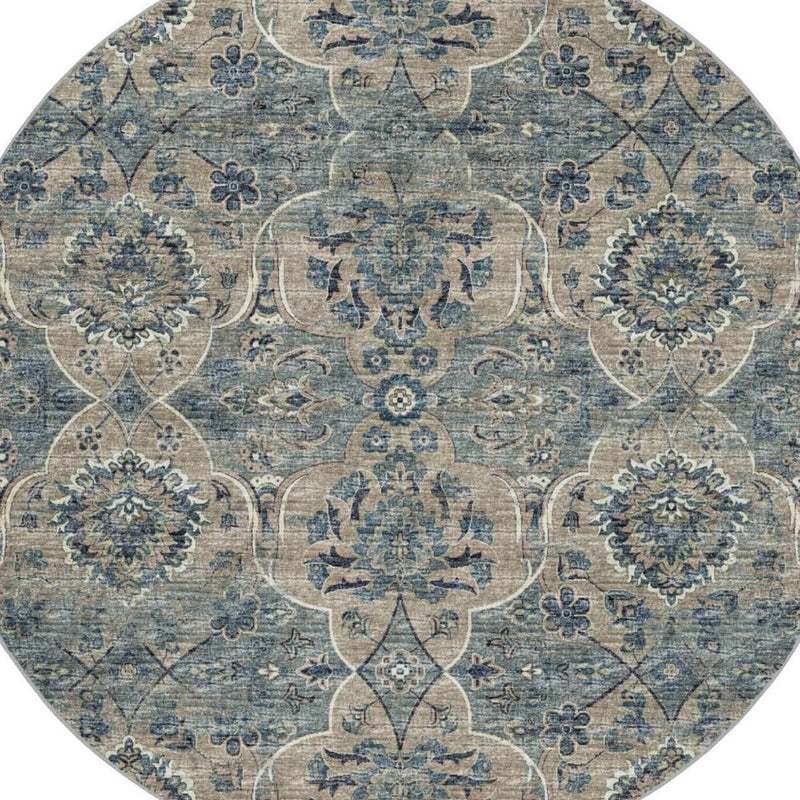 8' Blue And Pewter Oriental Shag Washable Round Rug With UV Protection