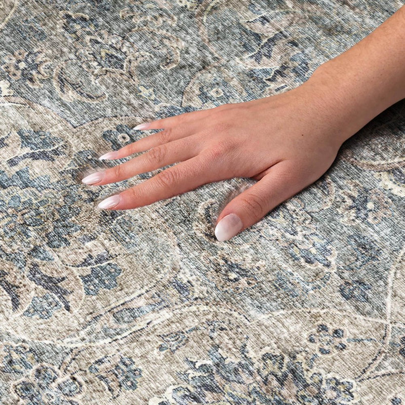 8' Blue And Pewter Oriental Shag Washable Round Rug With UV Protection
