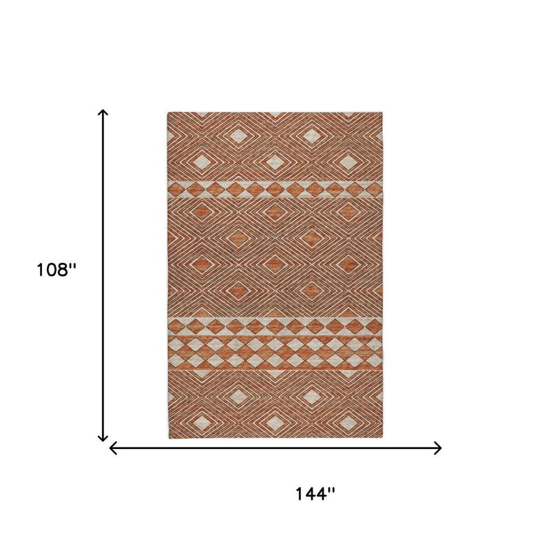 9' X 12' Red And Brown Geometric Shag Washable Area Rug With UV Protection