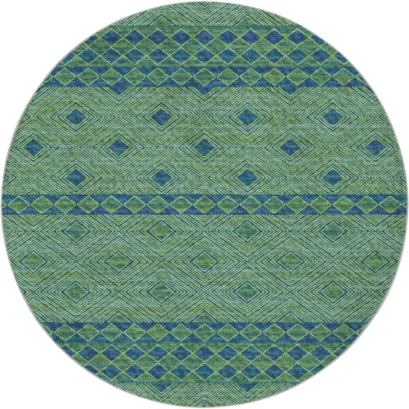 8' Green And Navy Blue Geometric Shag Washable Round Rug With UV Protection