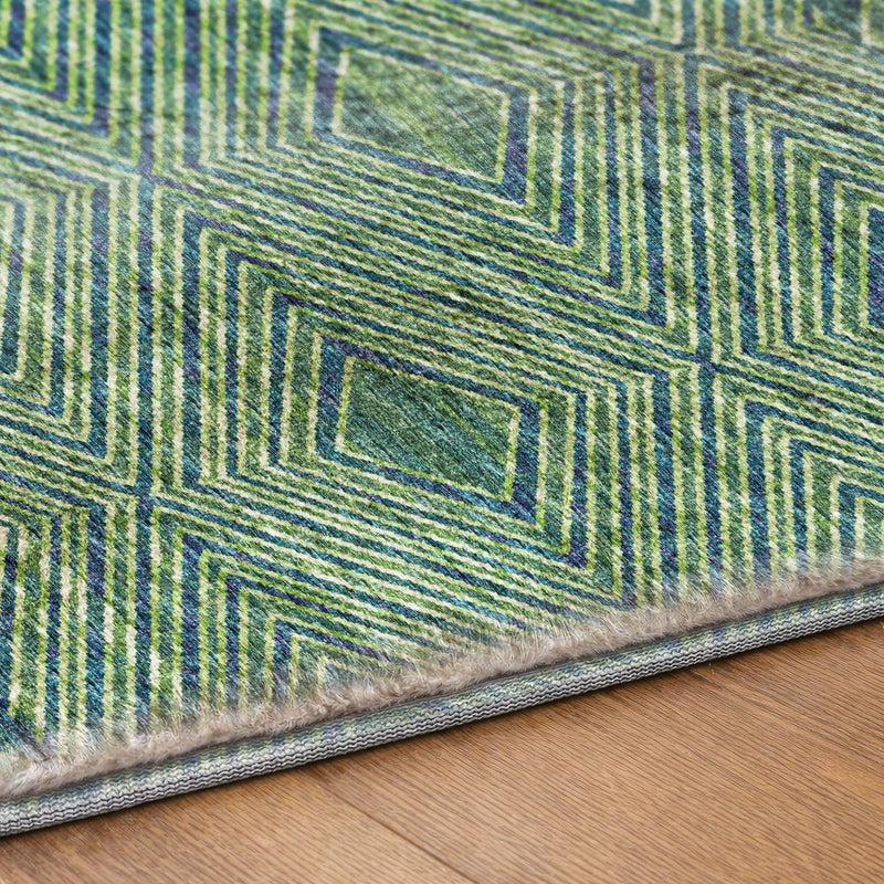 8' Green And Navy Blue Geometric Shag Washable Round Rug With UV Protection