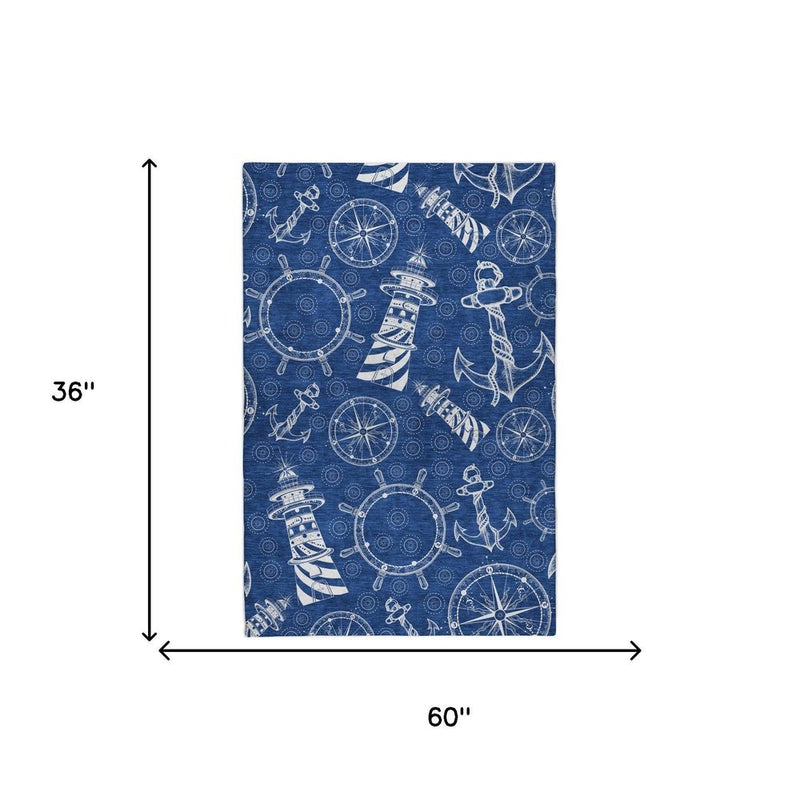 3' X 5' Navy Blue And Ivory Geometric Shag Washable Area Rug With UV Protection