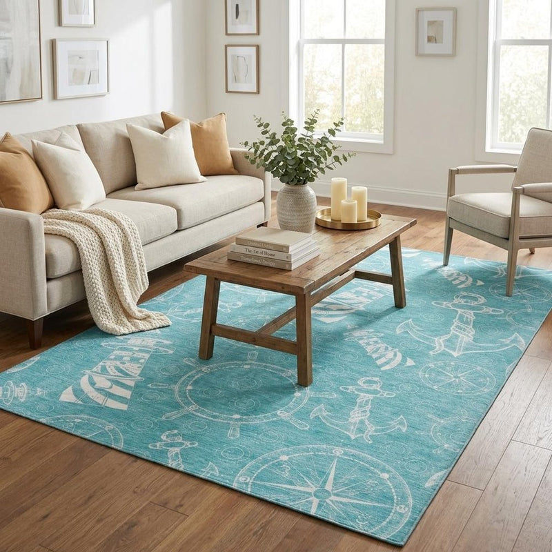 5' X 8' Blue And Ivory Geometric Shag Washable Area Rug With UV Protection
