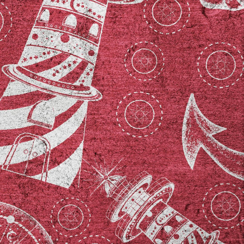 5' X 8' Red And Ivory Geometric Shag Washable Area Rug With UV Protection