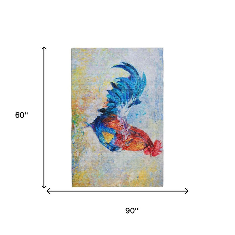 5' X 8' Blue And Red Animal Print Shag Washable Area Rug With UV Protection