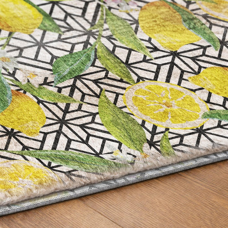 8' Yellow And Black Floral Shag Washable Round Rug With UV Protection