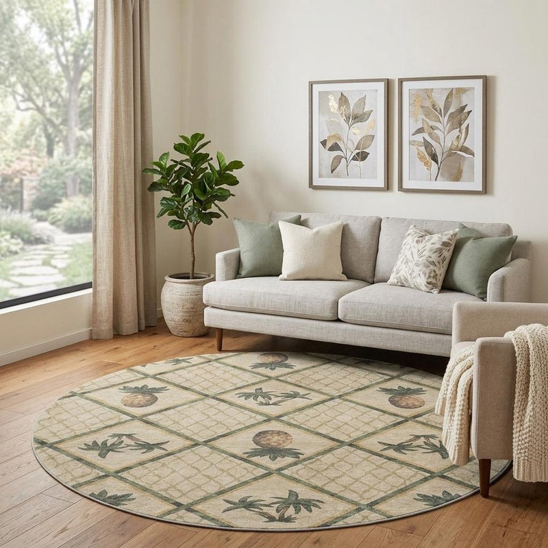8' Beige And Gold Geometric Shag Washable Round Rug With UV Protection