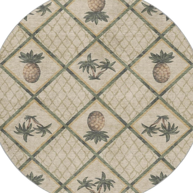 8' Beige And Gold Geometric Shag Washable Round Rug With UV Protection