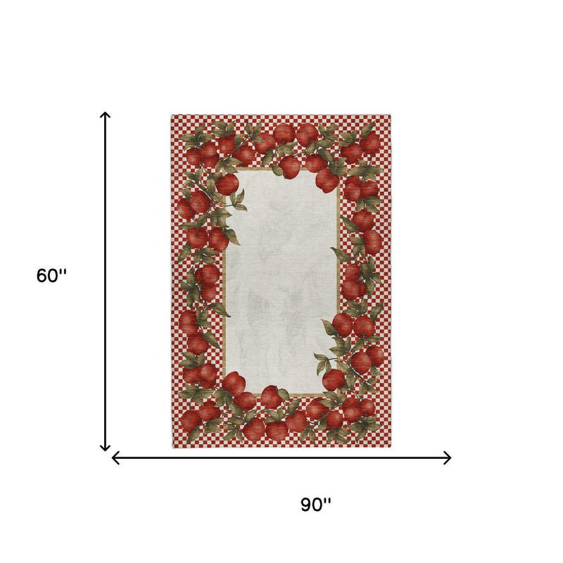 5' X 8' Red And Ivory Checkered Shag Washable Area Rug With UV Protection