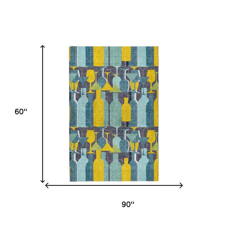 5' X 8' Blue And Yellow Geometric Shag Washable Area Rug With UV Protection