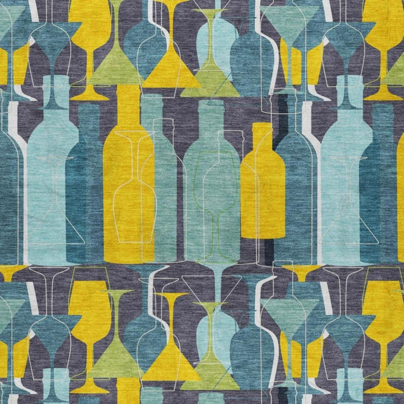5' X 8' Blue And Yellow Geometric Shag Washable Area Rug With UV Protection