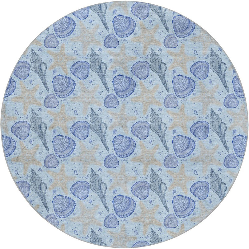 8' Blue And Navy Blue Animal Print Shag Washable Round Rug With UV Protection