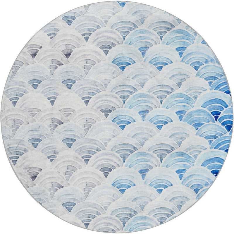 8' Blue And Denim Blue Geometric Shag Washable Round Rug With UV Protection