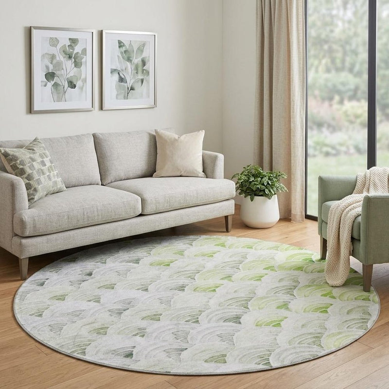 8' Green And Lime Green Geometric Shag Washable Round Rug With UV Protection