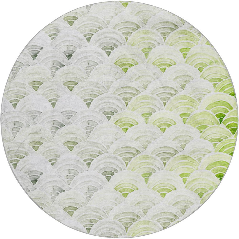8' Green And Lime Green Geometric Shag Washable Round Rug With UV Protection