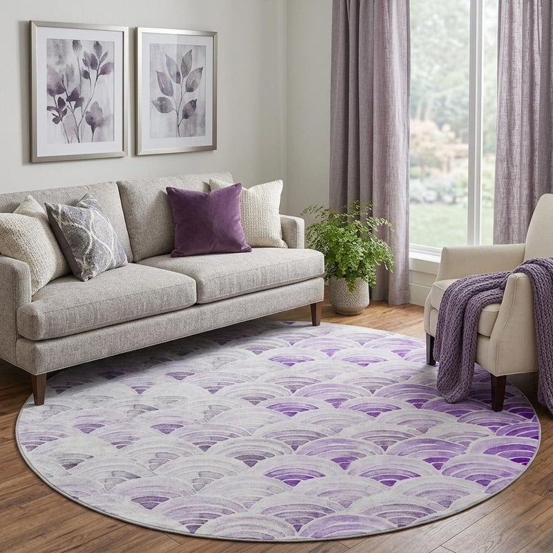 8' Purple And Violet Geometric Shag Washable Round Rug With UV Protection