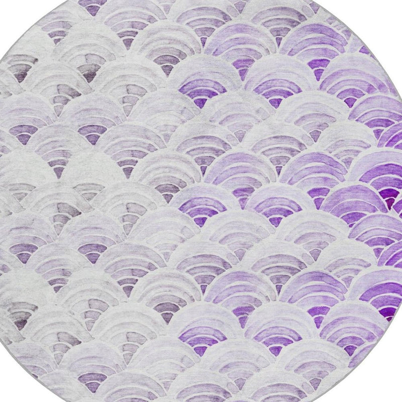 8' Purple And Violet Geometric Shag Washable Round Rug With UV Protection