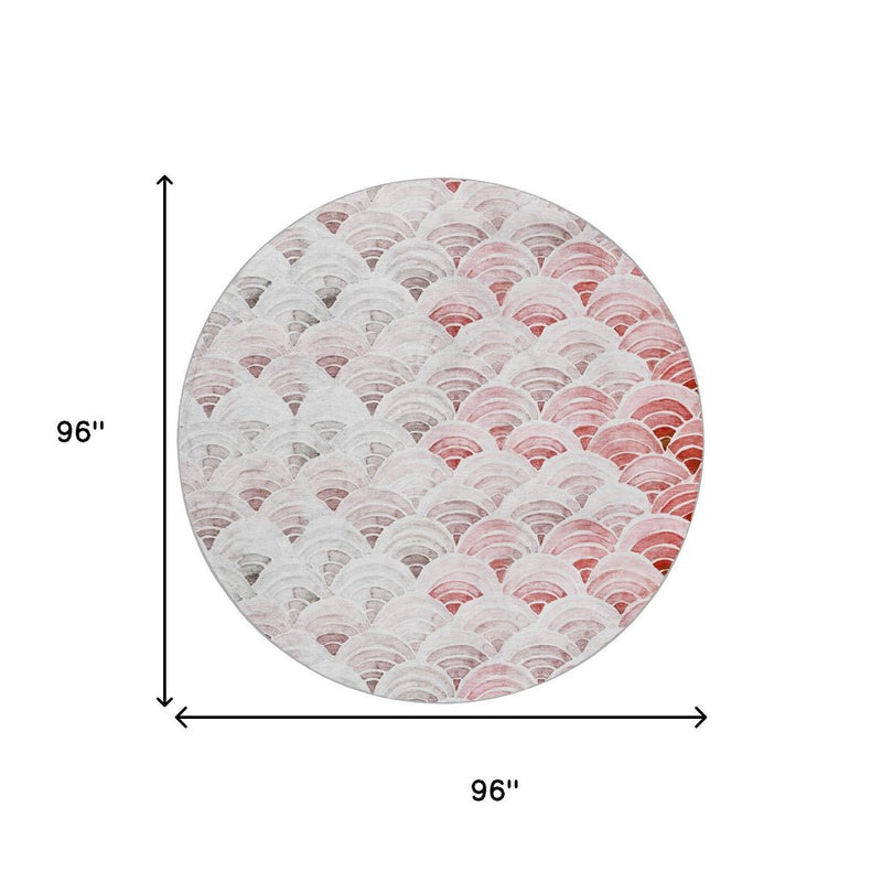 8' Red And Scarlet Geometric Shag Washable Round Rug With UV Protection