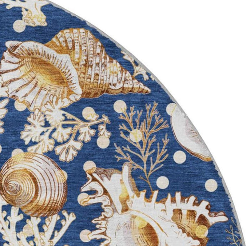 8' Blue And Chocolate Animal Print Shag Washable Round Rug With UV Protection