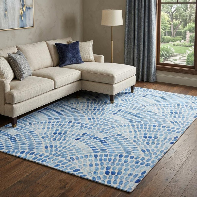 9' X 12' Blue And Denim Blue Geometric Shag Washable Area Rug With UV Protection