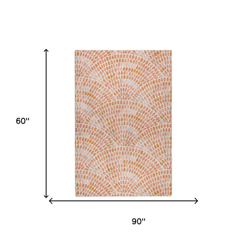 5' X 8' Peach And Orange Geometric Shag Washable Area Rug With UV Protection