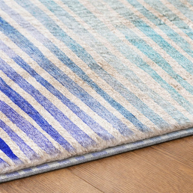 8' Blue And Denim Blue Striped Shag Washable Round Rug With UV Protection