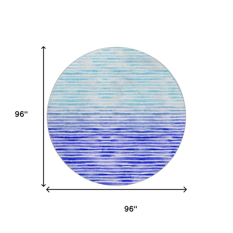 8' Blue And Denim Blue Striped Shag Washable Round Rug With UV Protection