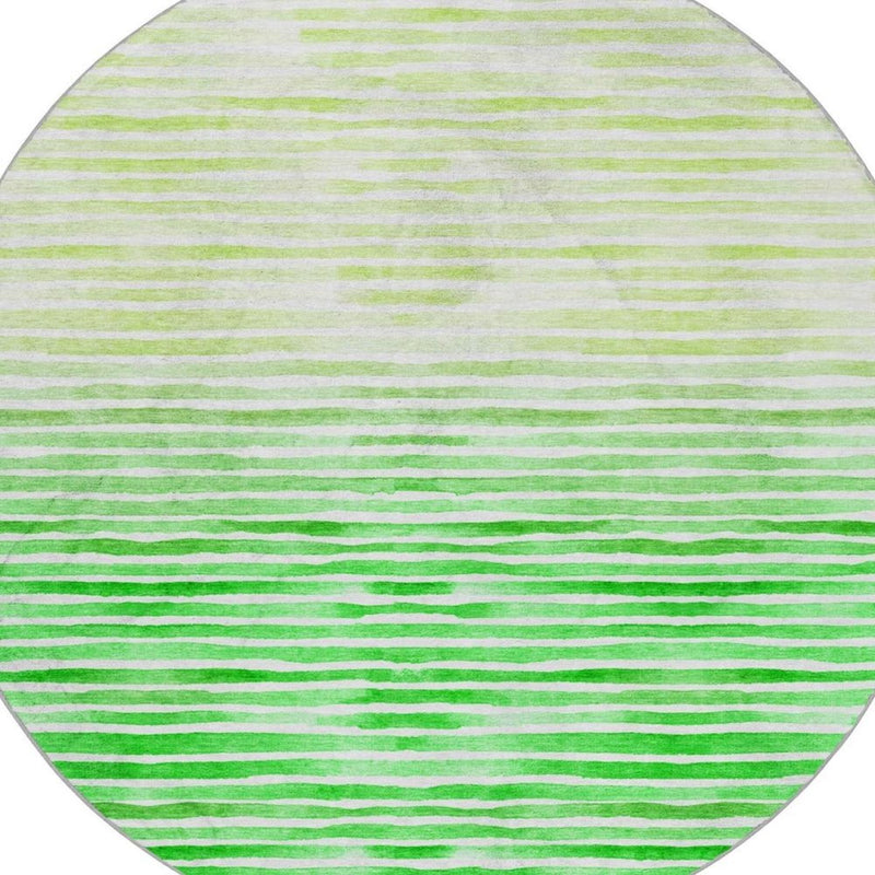 8' Green And Ivory Striped Shag Washable Round Rug With UV Protection