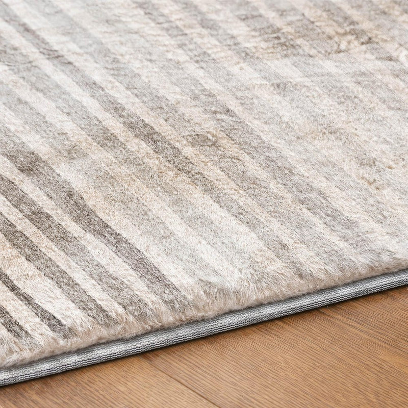 8' Gray And Ivory Striped Shag Washable Round Rug With UV Protection