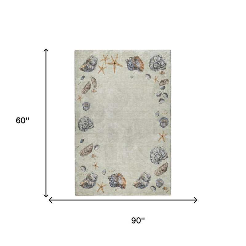 5' X 8' Ivory And Charcoal Animal Print Shag Washable Area Rug With UV Protection