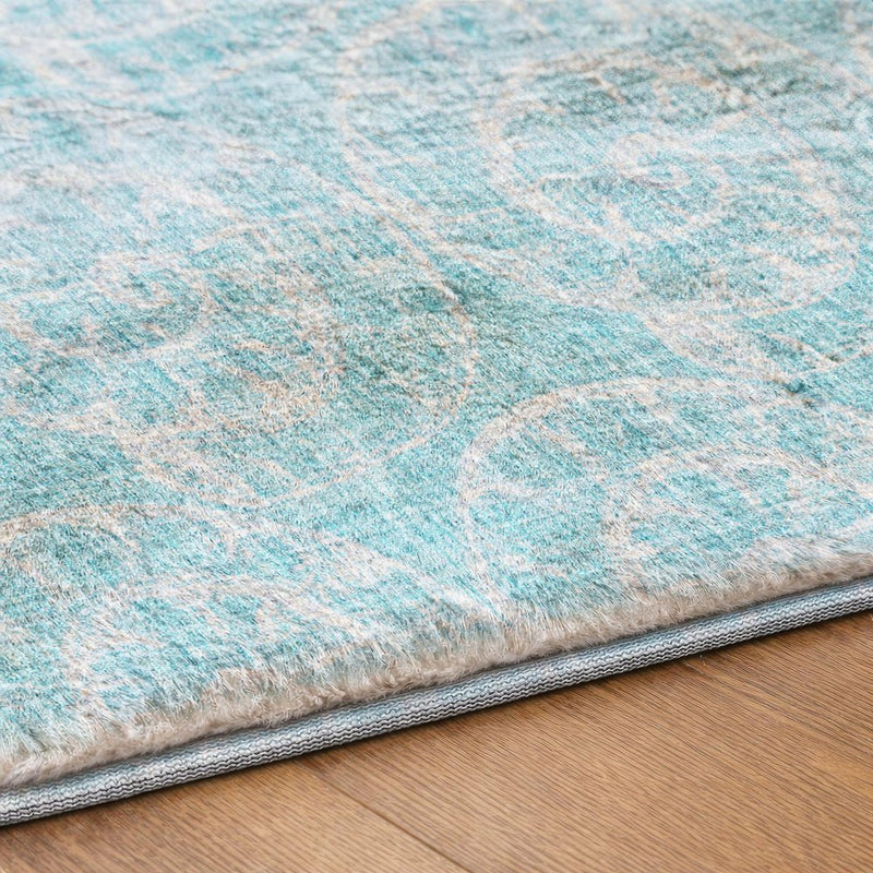 8' Aqua And Ivory Animal Print Shag Washable Round Rug With UV Protection