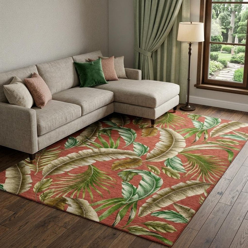 8' X 10' Red And Chocolate Floral Shag Washable Area Rug With UV Protection