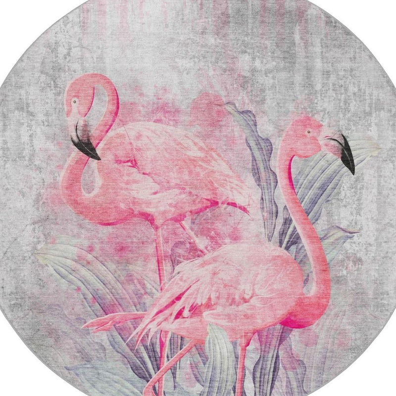 8' Pink And Charcoal Animal Print Shag Washable Round Rug With UV Protection