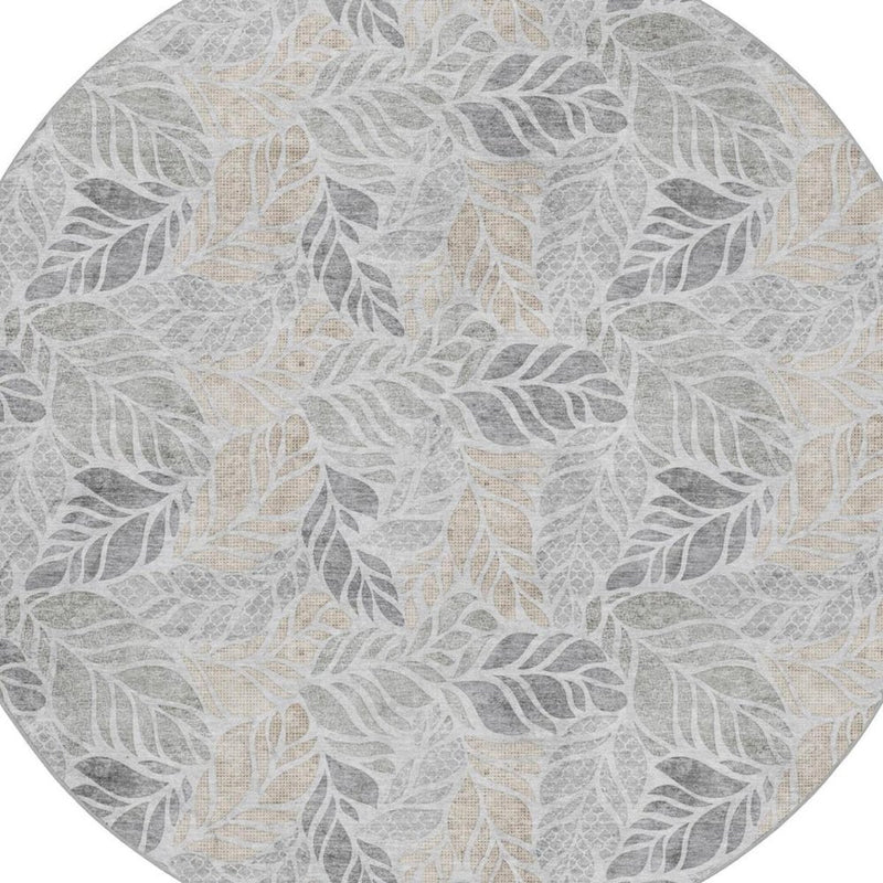 8' Gray And Charcoal Floral Shag Washable Round Rug With UV Protection