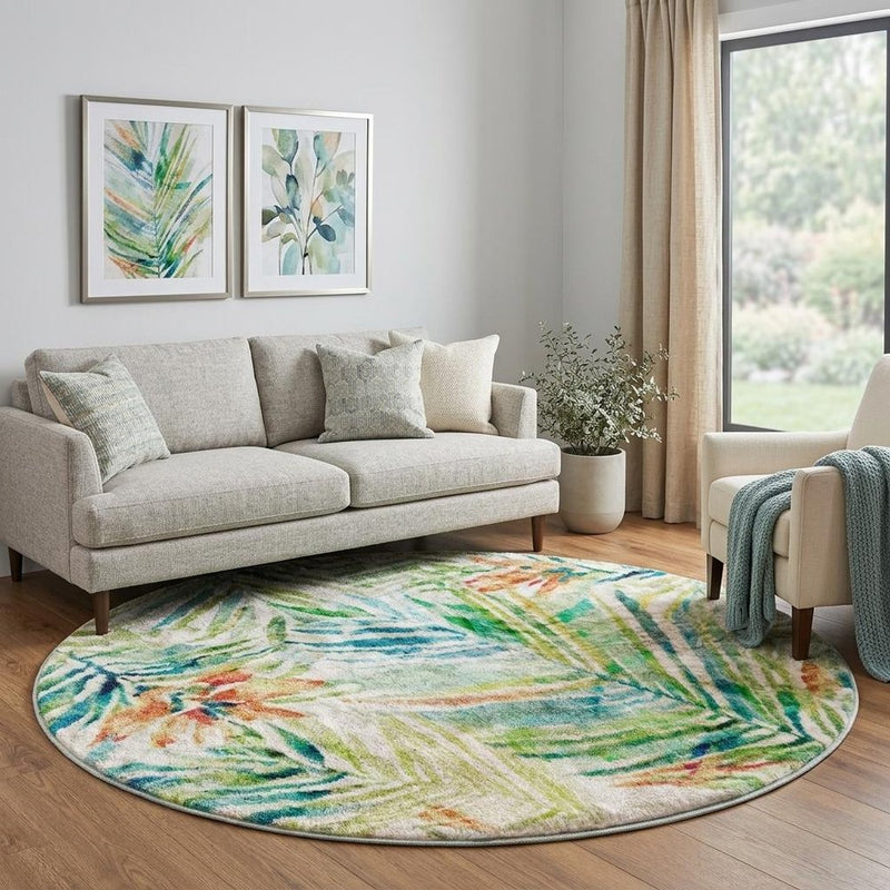 8' Ivory And Navy Blue Floral Shag Washable Round Rug With UV Protection