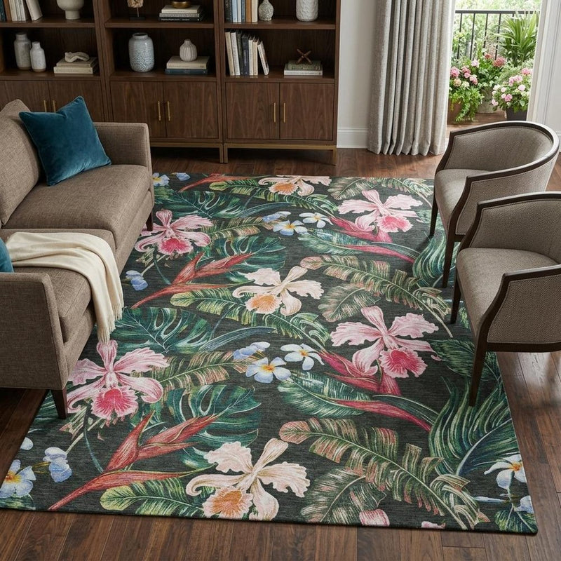8' X 10' Midnight And Green Floral Shag Washable Area Rug With UV Protection