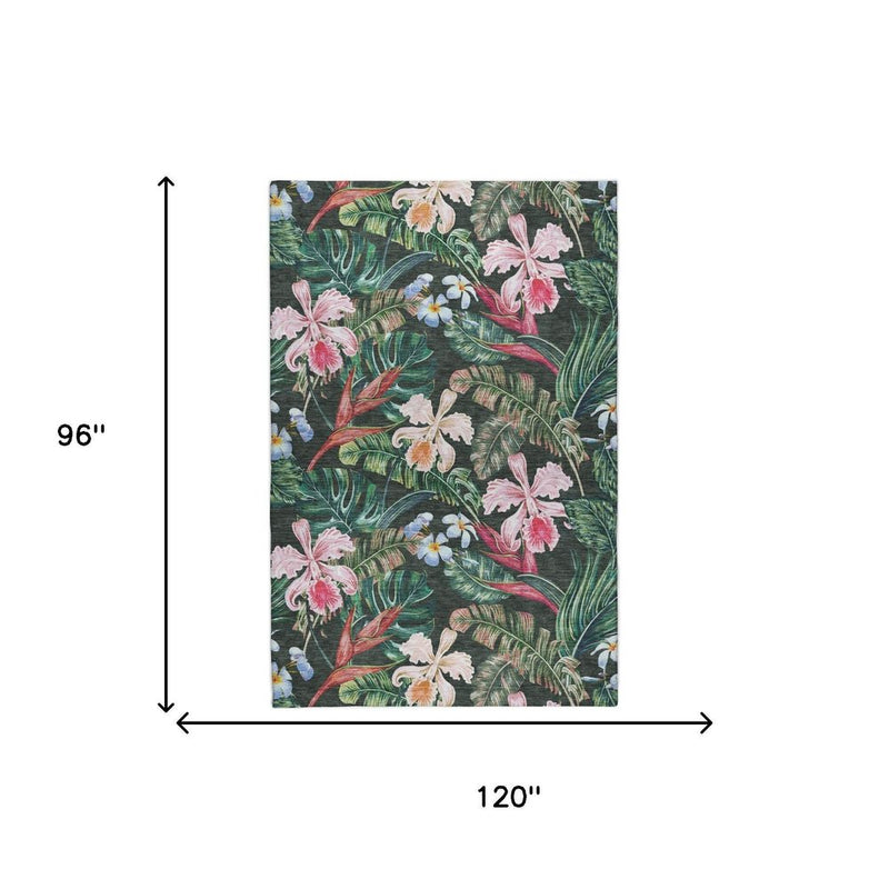 8' X 10' Midnight And Green Floral Shag Washable Area Rug With UV Protection