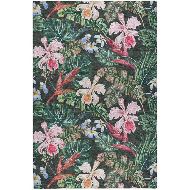 8' X 10' Midnight And Green Floral Shag Washable Area Rug With UV Protection