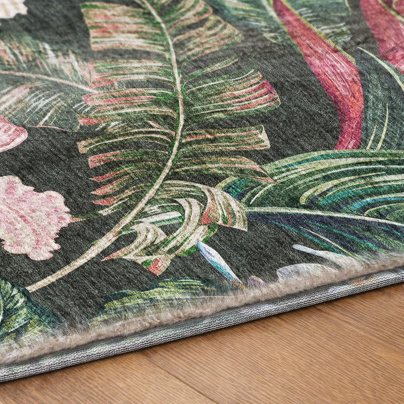 8' X 10' Midnight And Green Floral Shag Washable Area Rug With UV Protection