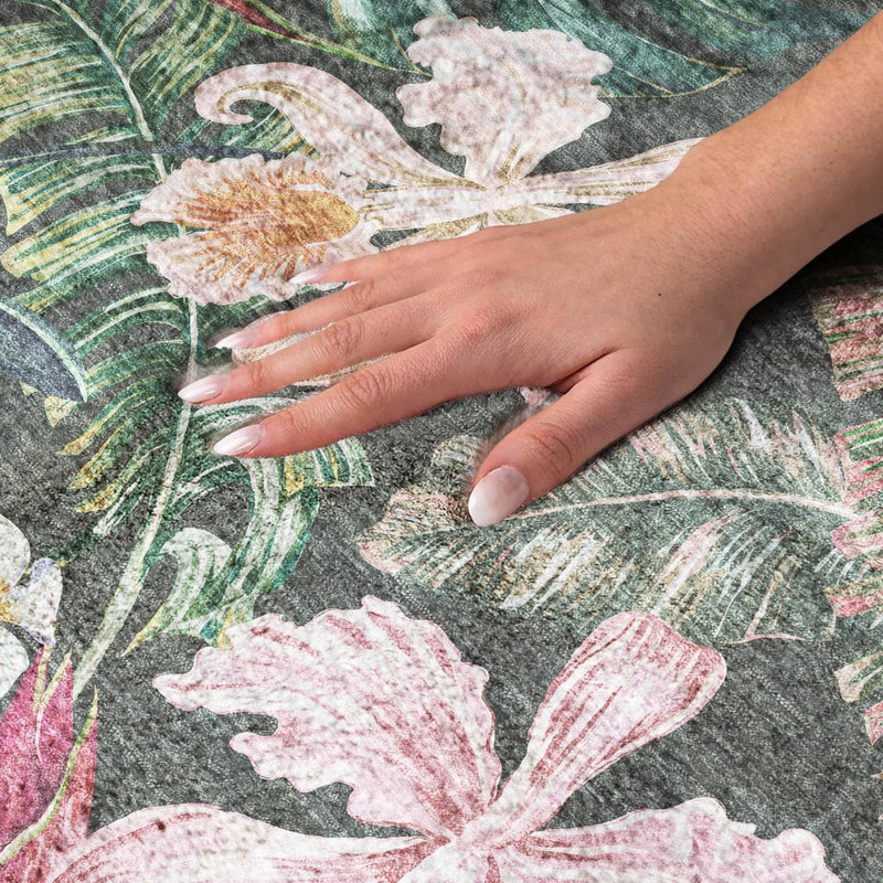 8' X 10' Midnight And Green Floral Shag Washable Area Rug With UV Protection